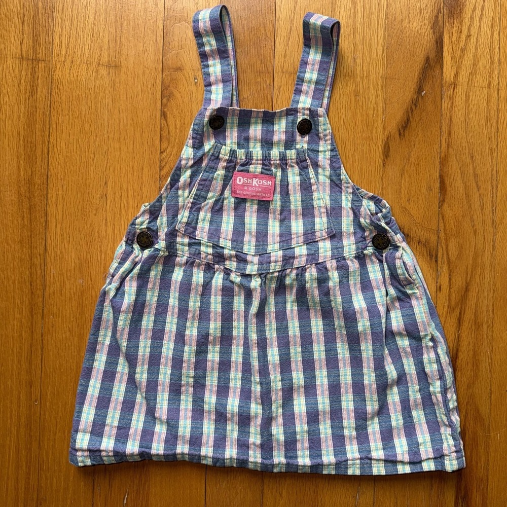 Vintage OshKosh B'gosh Overall Dress Girls 3T Blue Plaid Pinafore Pastel USA VTG